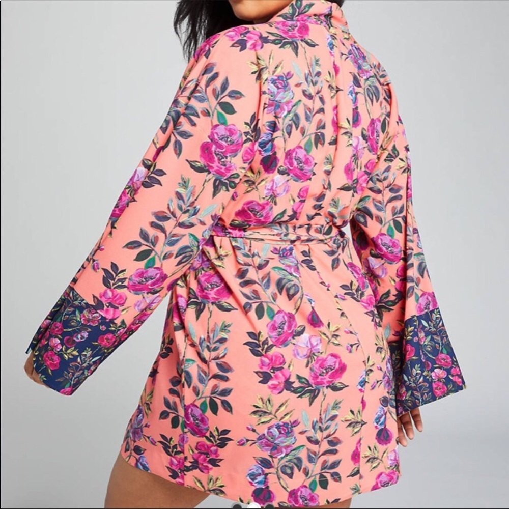 CACIQUE Floral Print Sexy Kimono Sleeve Robe Pink Peach Blue Coverup Wrap